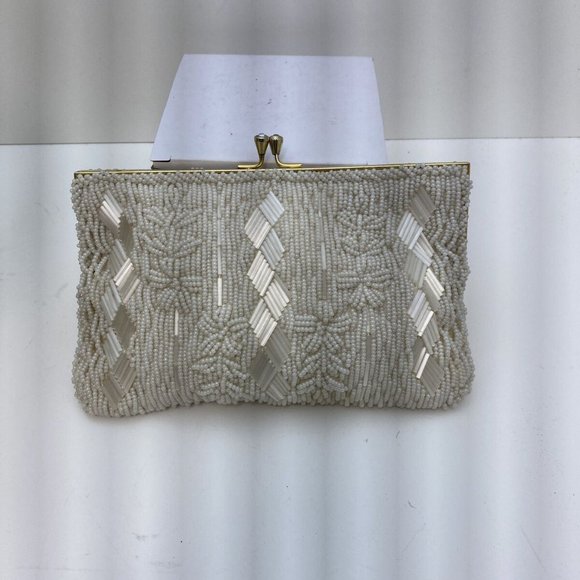 Du-Val Beaded Mini Purse Creamy White 1950's Floral - Picture 4 of 5